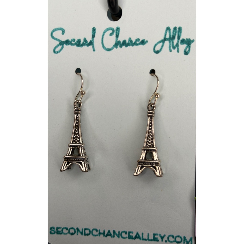 Handcrafted Silver Tone Eiffel Tower Dangle Earrings Paris French Theme